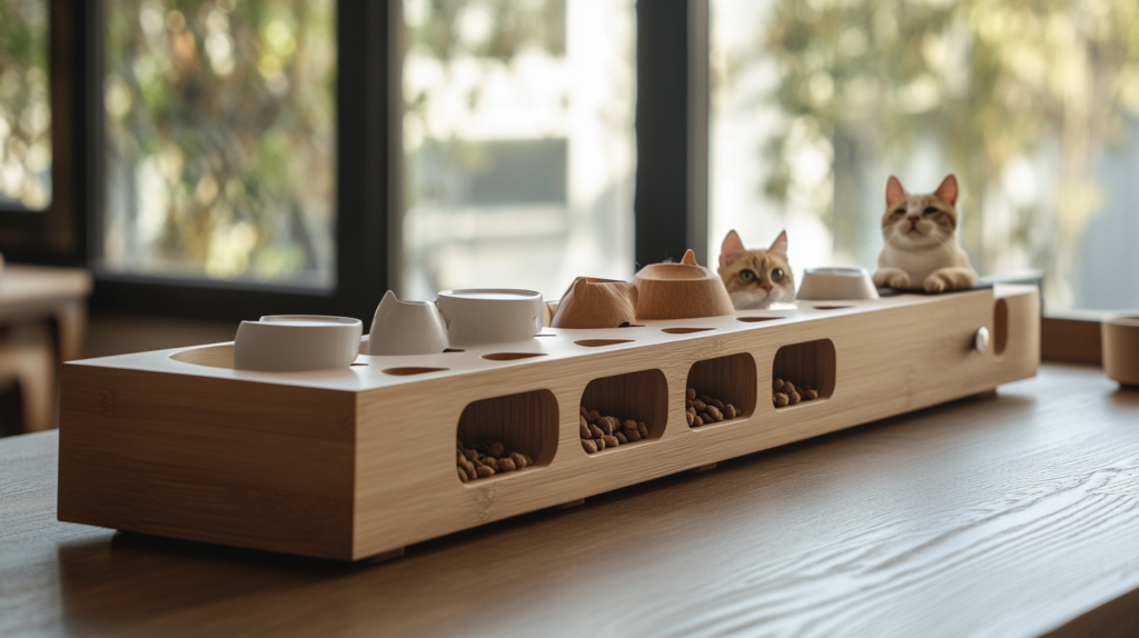 Collection of 5 top-rated puzzle feeders for different pets including slow-feed bowls for dogs, treat balls for cats, and foraging toys