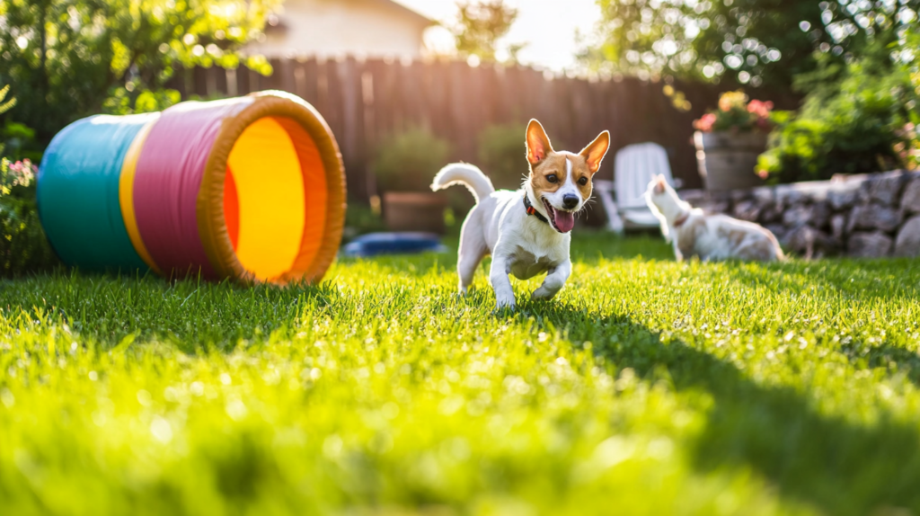 Outdoor pet enrichment features including puzzle toys and agility equipment providing mental stimulation for dogs