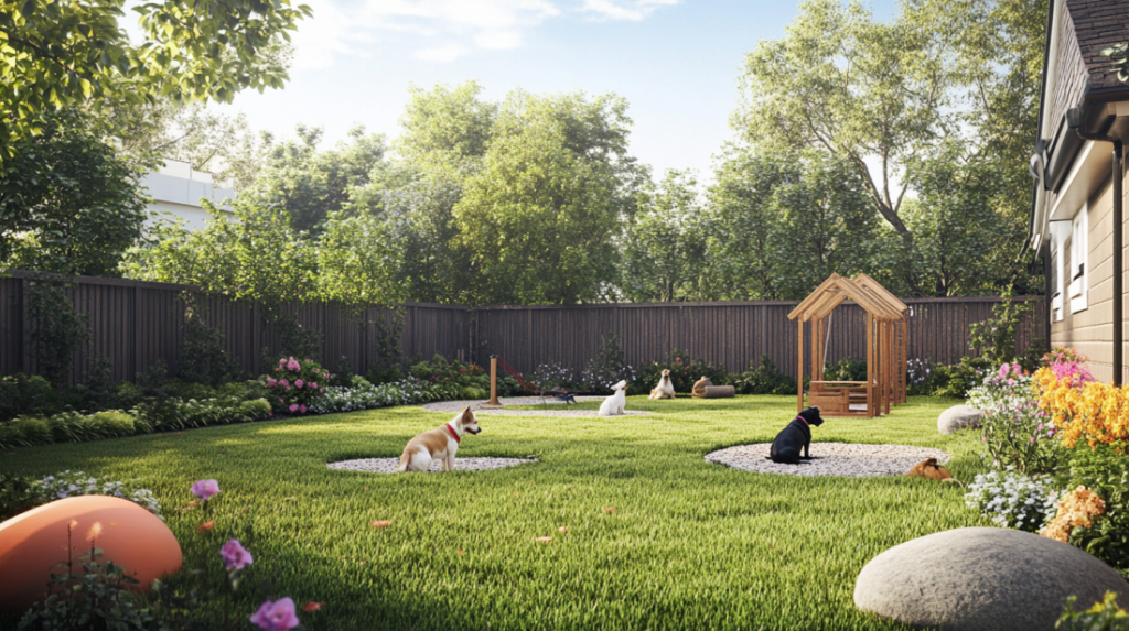 Pet outdoor space zoning layout with designated play, rest, and feeding areas for maximum safety and organization