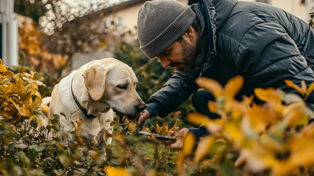 Pet owner performing seasonal maintenance on outdoor pet space with safety checklist ensuring ongoing pet protection
