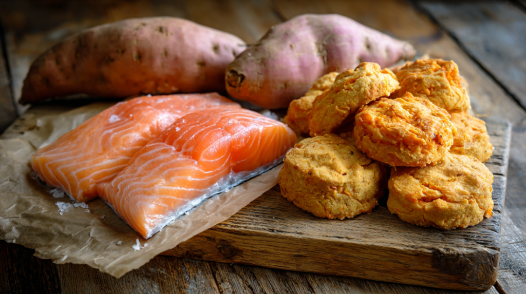 Homemade salmon and sweet potato dog treat biscuits