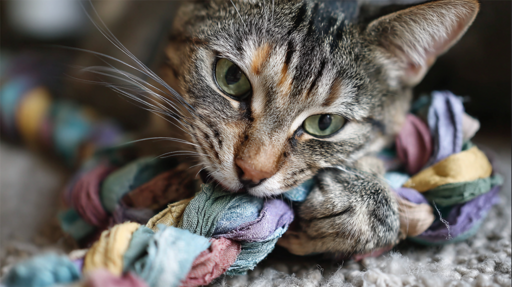 Colorful braided cat toy made from old t-shirt material - demonstrating durable homemade cat toys using textile recyclables