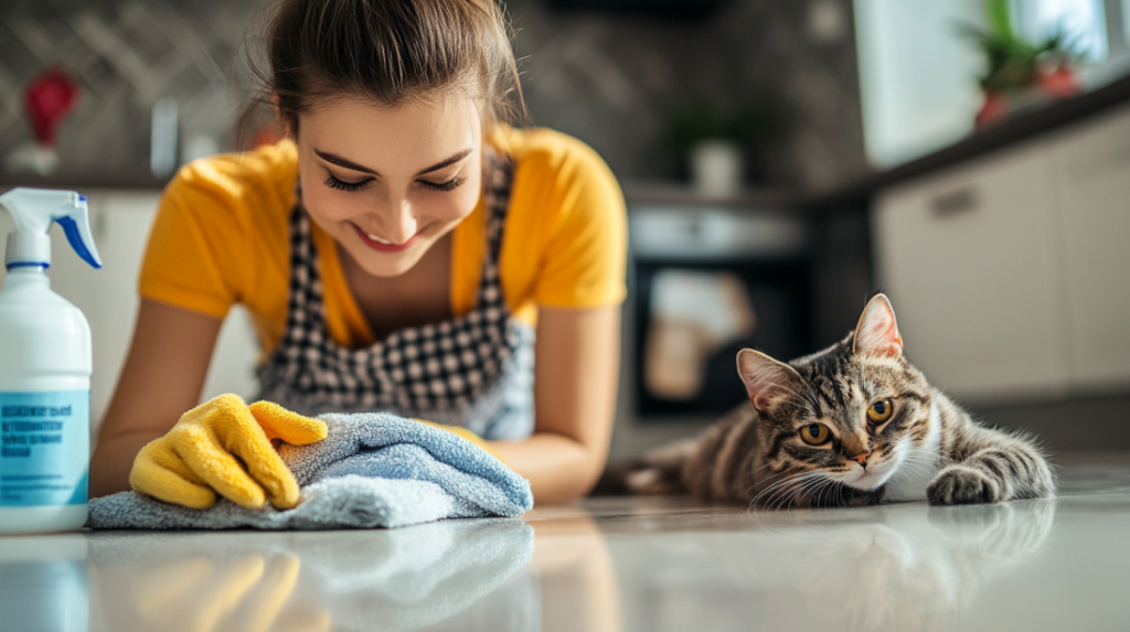Pet owner demonstrating seven key cleaning strategies including proper ventilation, storing products safely, reading labels, and using pet-friendly techniques while dog watches nearby in clean home environment