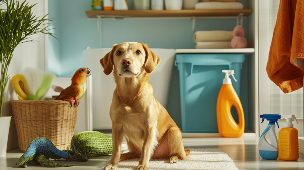 Various pets including dog, cat, bird, and rabbit in different home areas, demonstrating unique cleaning considerations and pet-specific safety requirements for multi-pet households with diverse animal needs