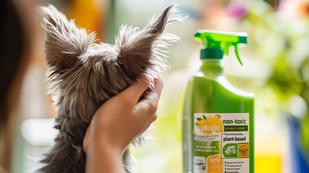 Pet owner examining cleaning product labels with magnifying glass, highlighting key safety certifications, ingredient lists, and warning symbols to identify truly non-toxic and pet-safe cleaning products