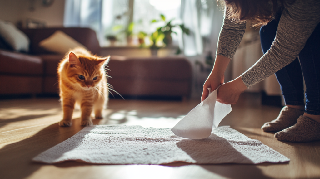 Pet owner using enzymatic cleaner and natural cleaning products to tackle common pet accidents including urine stains, vomit cleanup, muddy paws, and fur on furniture with pet-safe cleaning methods