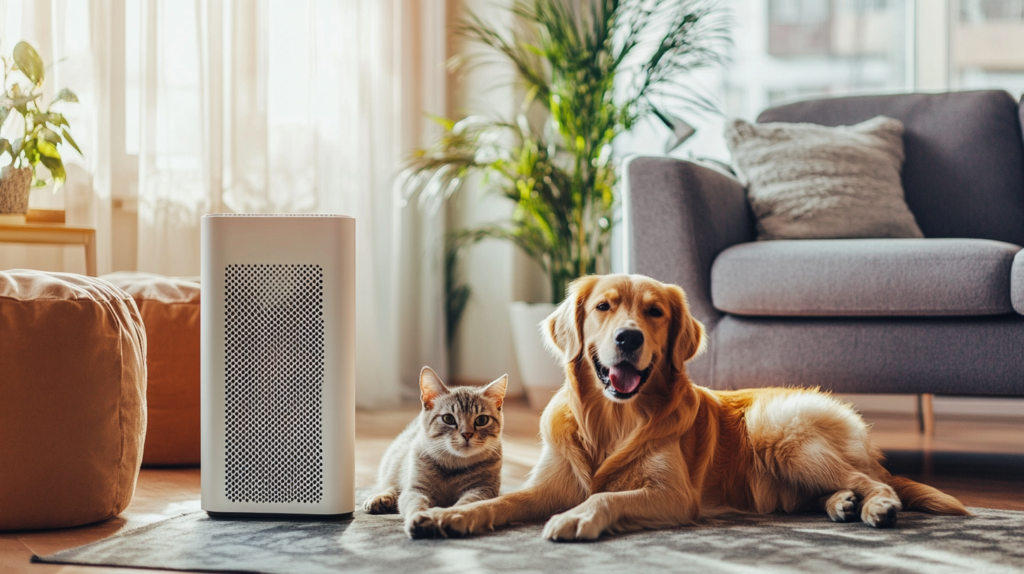 "Pet family breathing clean air in well-ventilated home with air quality monitor showing improved readings after switching to non-toxic cleaning products, demonstrating healthier indoor environment for pets and humans