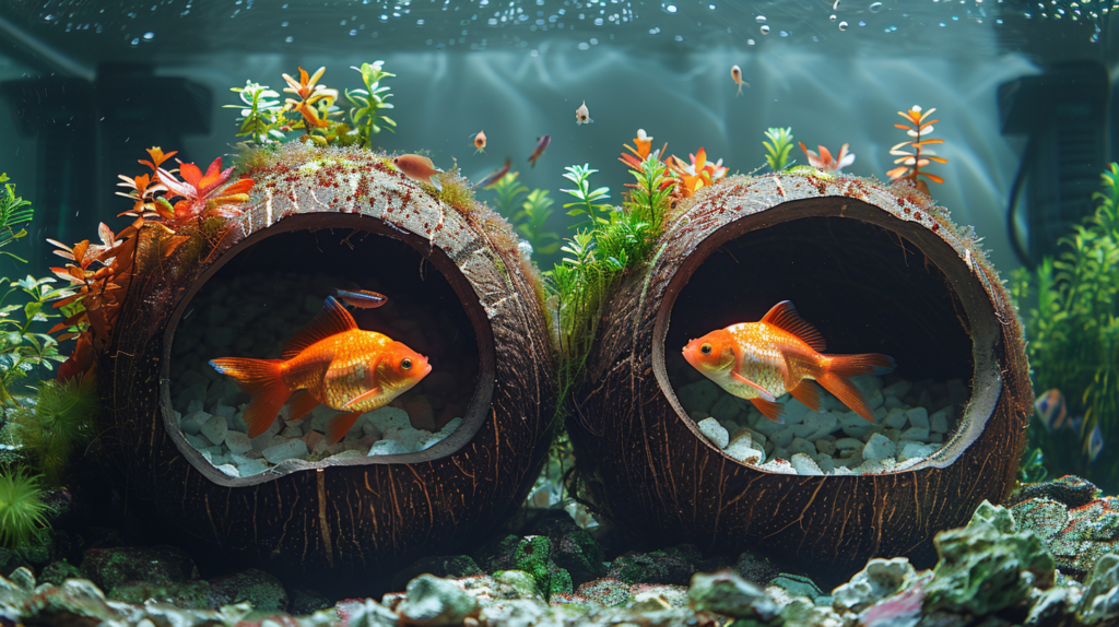 A halved coconut shell with a circular entrance cut into it, positioned among live aquarium plants with small fish swimming nearby