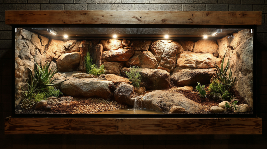 Complete Ackie monitor lizard terrarium setup showing proper habitat requirements including heating, substrate, and enrichment features