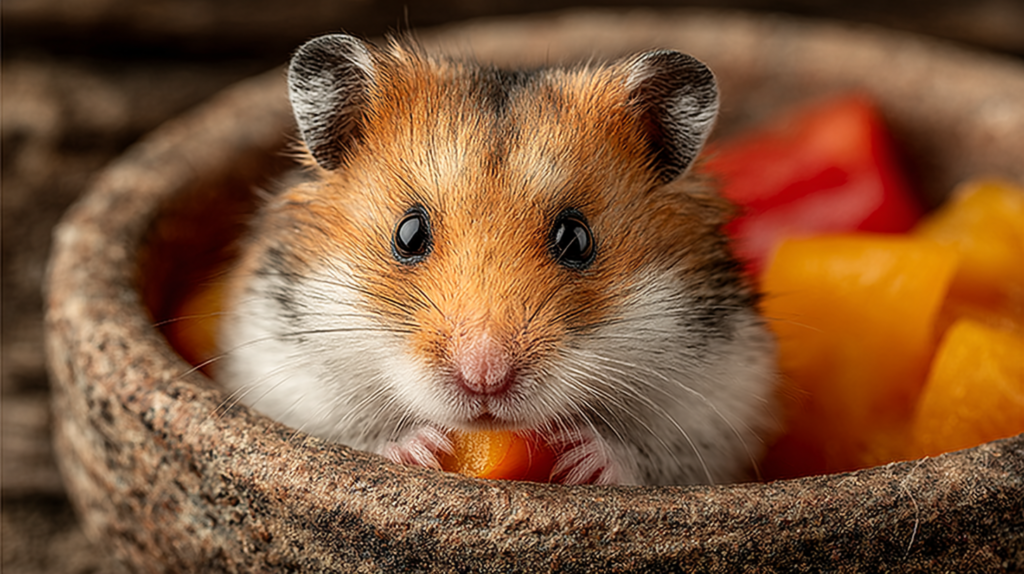 Colorful bell peppers sliced into strips - red, yellow, and orange varieties perfect as healthy snacks for small pets