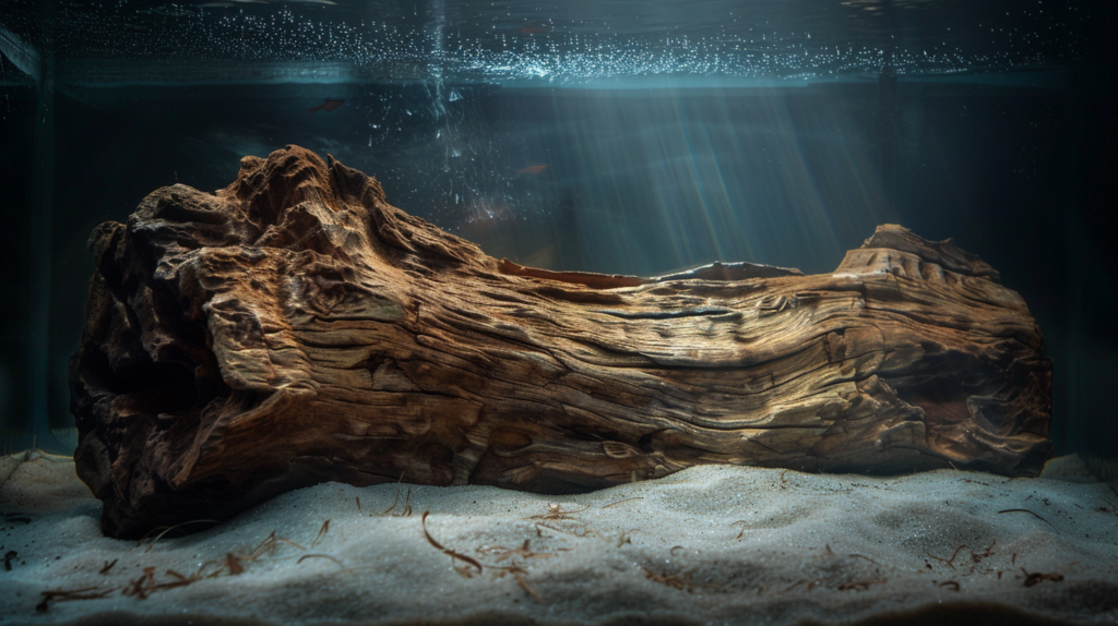 A weathered piece of aquarium driftwood with patches of java moss growing on it, providing excellent hiding spots for small fish species