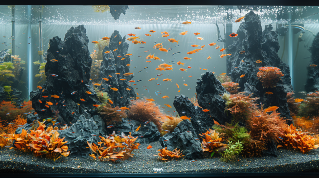 A group of porous lava rocks arranged to create a natural-looking formation with aquatic plants growing from the crevices