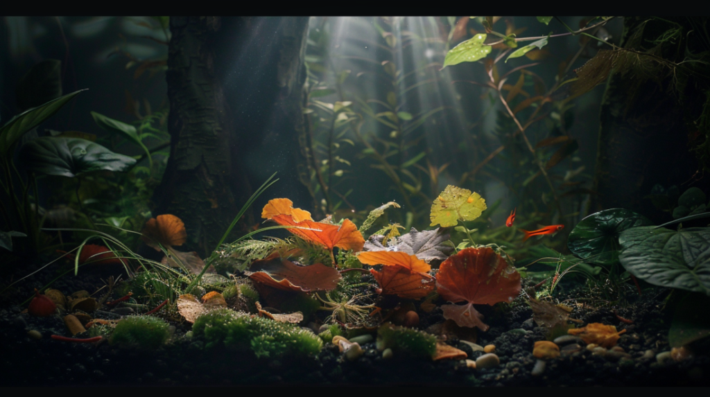 A variety of natural aquarium botanicals including Indian almond leaves, alder cones, and various seed pods that can be used for natural water conditioning