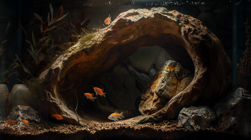 Various natural clay tubes, caves, and structures arranged in an aquarium to provide shelter and breeding spaces for fish
