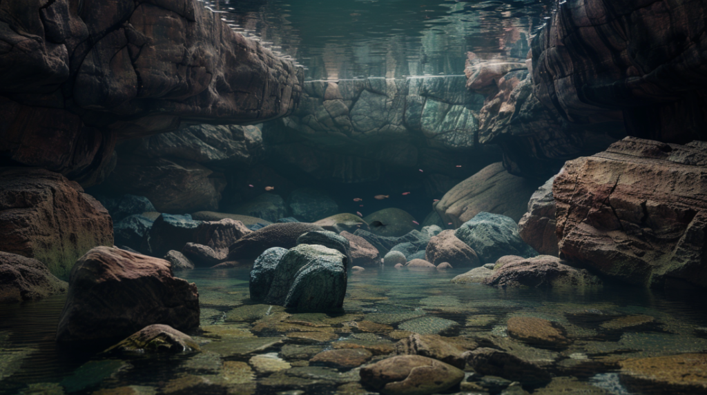 A collection of aquarium-safe stones of different sizes and textures arranged to create caves, ledges, and visual interest in an aquascape