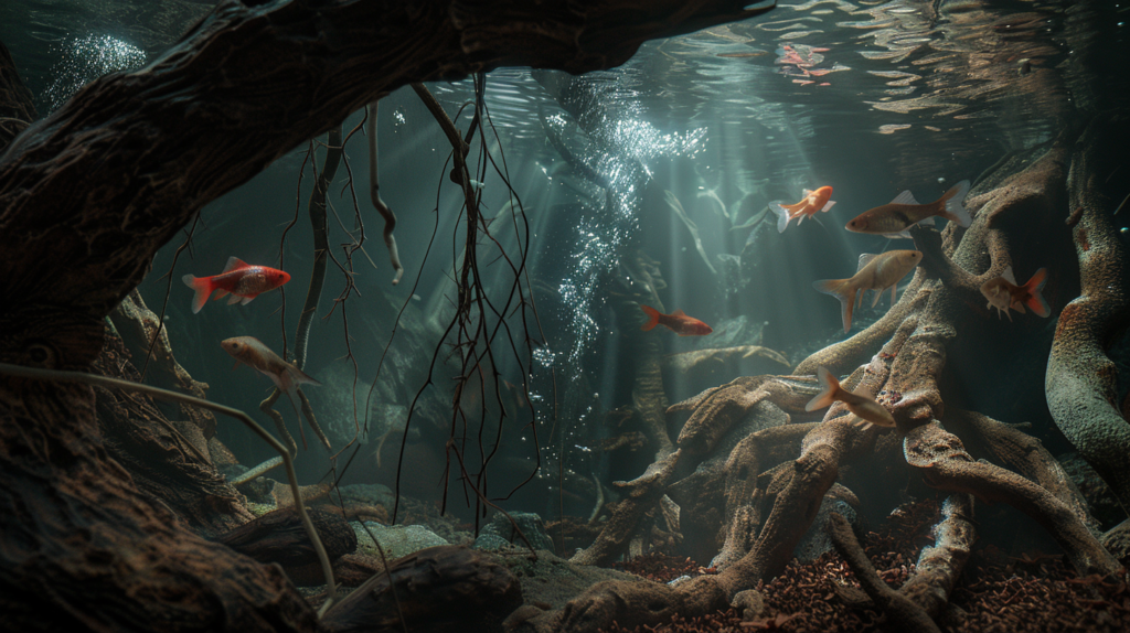 An aquarium featuring elaborate root structures with intertwining branches creating natural caves and visual focal points for the aquascape
