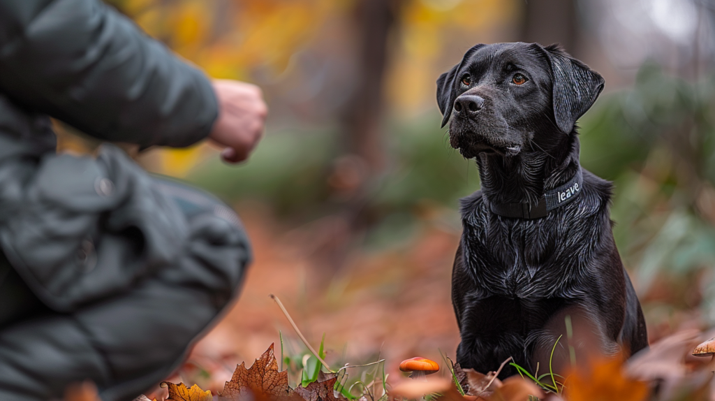 Responsible pet owner clearing wild mushrooms from lawn while dog remains safely leashed - mushroom prevention for dog safety