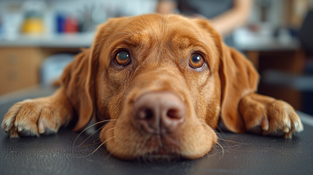 Professional veterinarian conducting examination on lethargic dog with visible symptoms chart - mushroom toxicity diagnosis