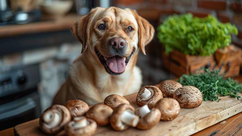 Educational infographic comparing safe mushrooms like button, shiitake, and portobello with dangerous varieties - dog nutrition guide