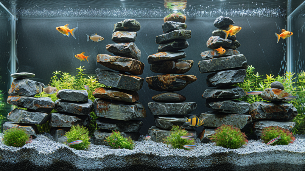  A carefully arranged stack of flat slate pieces creating a multi-level structure with various hiding spots and ledges for fish
