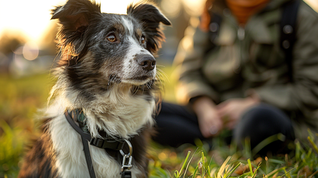 Dog walker implementing stop-and-go dog leash training with a Border Collie mix