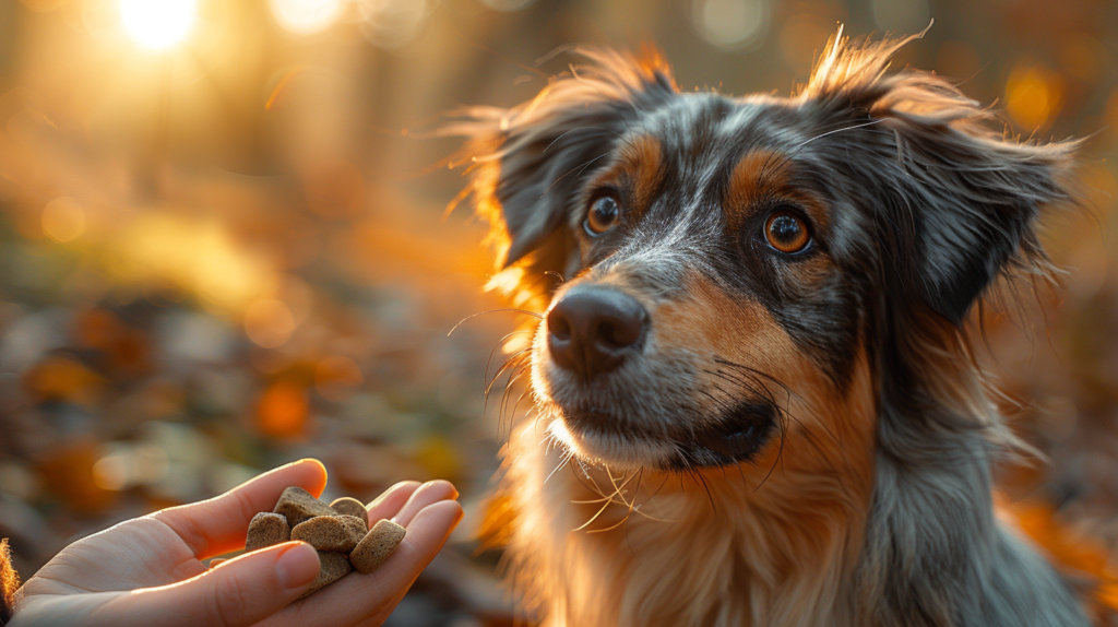 Dog receiving treat reward during focused dog leash training exercise