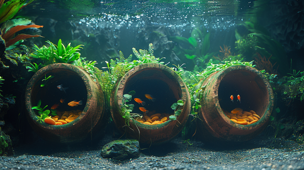 A terra cotta pot positioned on its side with one section cut out to create a natural-looking cave entrance for fish