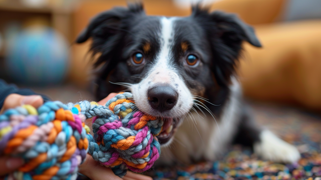 Colorful braided fleece tug toy being played with by a large dog - DIY dog toys can be made from fabric scraps