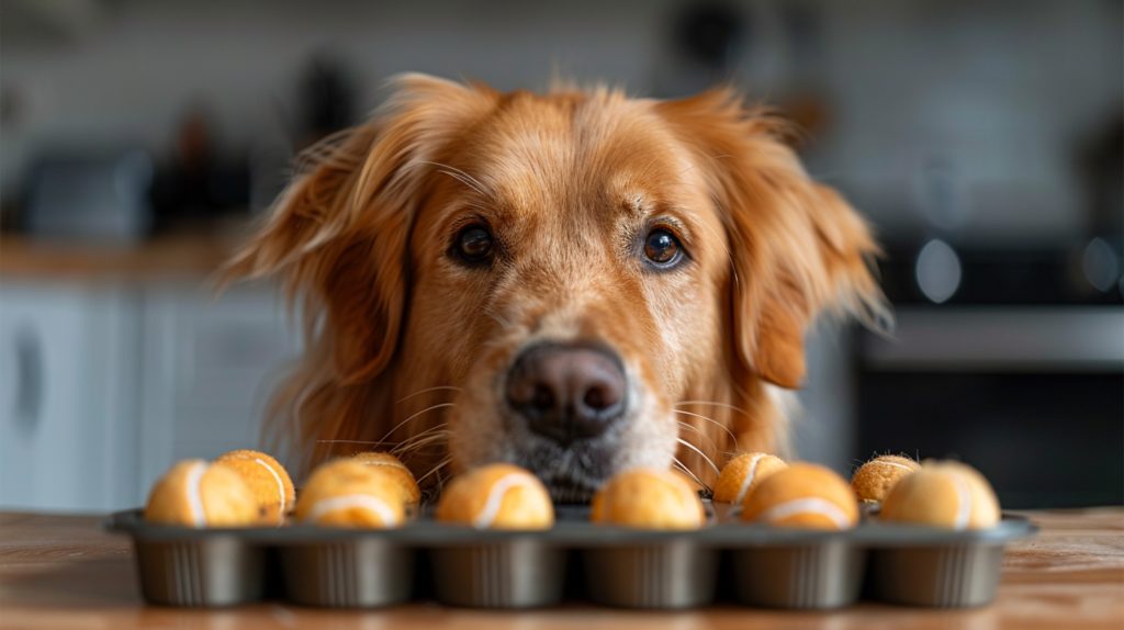 Muffin tin filled with tennis balls covering hidden treats - DIY dog toys can provide mental stimulation