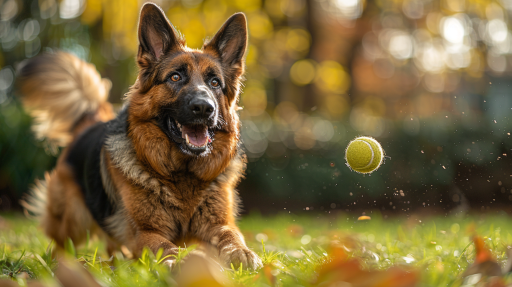 Dog fetching a tennis ball inserted in a sock launcher - DIY dog toys can make fetch more exciting