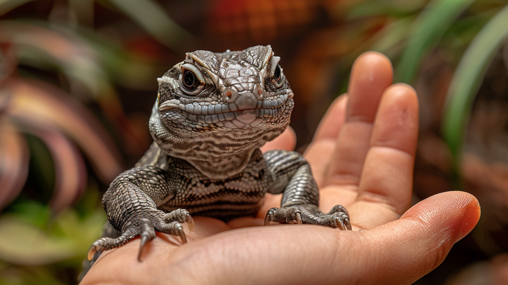 Ackie Monitor daily care routine showing feeding, handling, and enrichment activities in step-by-step tutorial format