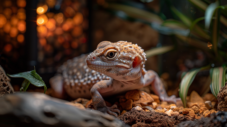 Ackie Monitor lizard with professional care setup showing proper lighting, heating, and feeding arrangements