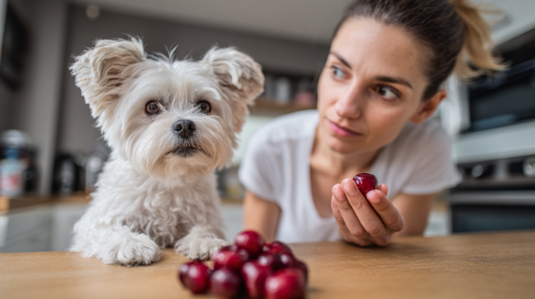Concerned dog owner holding cherries while dog shows interest, demonstrating common pet safety question about fruit
