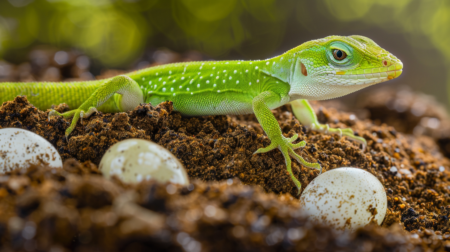 Green anole lizard and underground eggs showing reptile egg-laying behavior and nesting habits