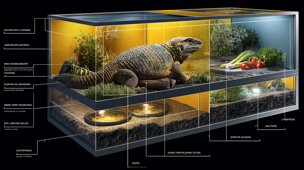 Expert Uromastyx care tips showing essential husbandry requirements including lighting, heating, and feeding for first-time desert lizard owners