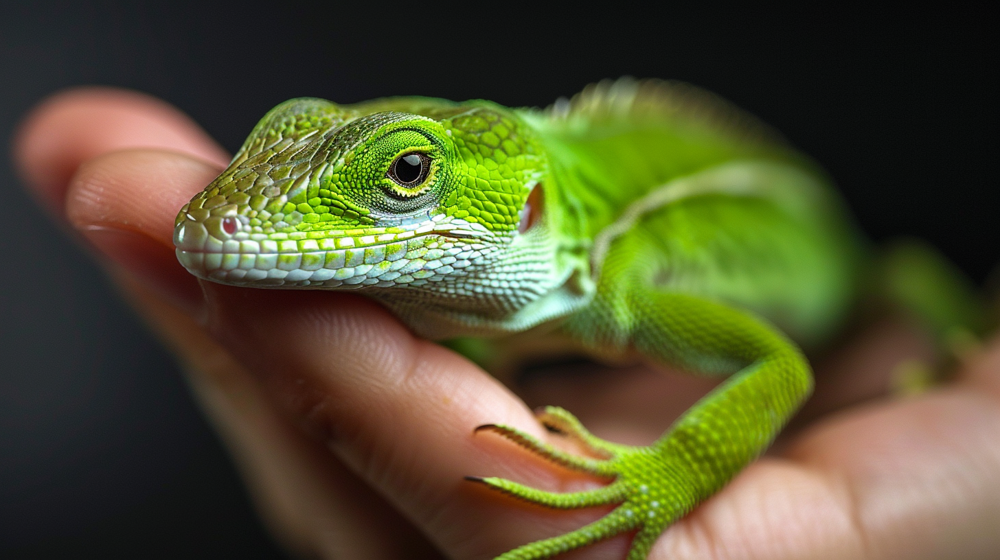 Green anole lizard gently perched on human hand showing safe pet interaction and bite prevention