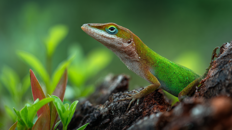 Green anole displaying natural color change transformation from green to brown showing remarkable reptile adaptation abilities