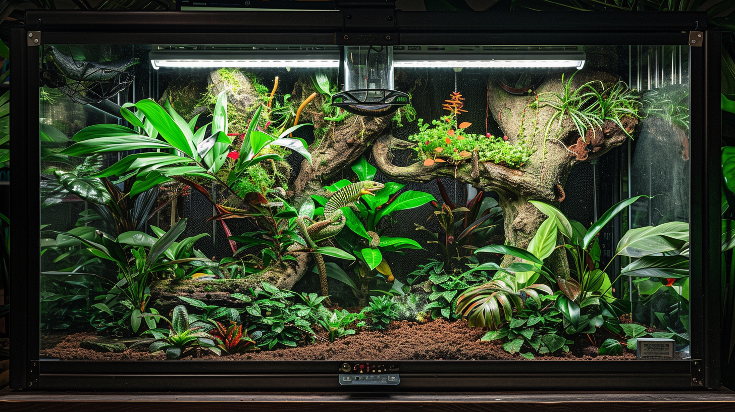 Complete green anole enclosure with live lizard showing proper bioactive terrarium setup