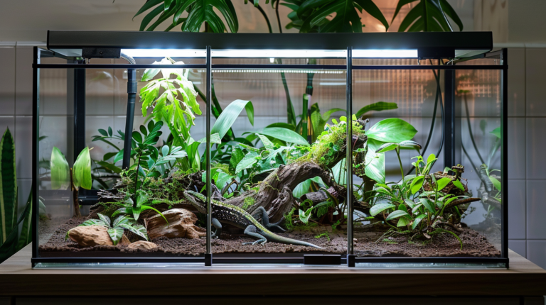 Complete green anole terrarium setup with proper lighting, plants, and habitat accessories