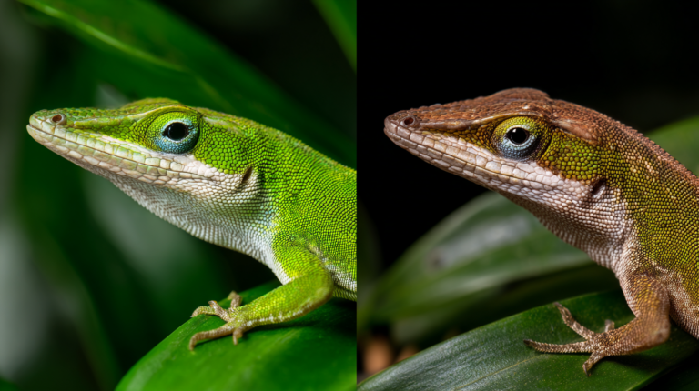 Green anole color change comparison showing healthy green vs stressed brown coloration to identify warning signs in pet lizards