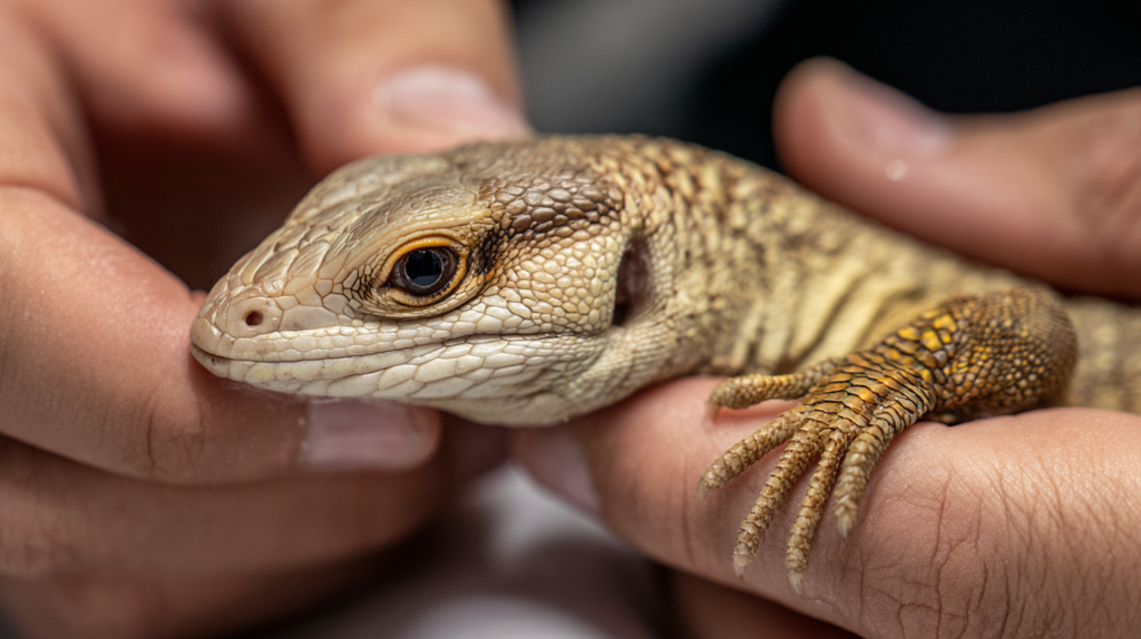 Healthy Ackie monitor examination showing key health indicators to look for when purchasing from breeders or dealers