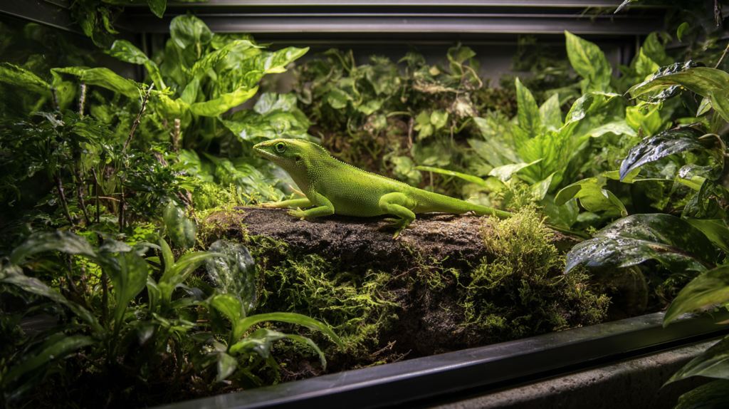 Optimal green anole habitat setup showing proper lighting, temperature, and environment for maintaining healthy natural green coloration