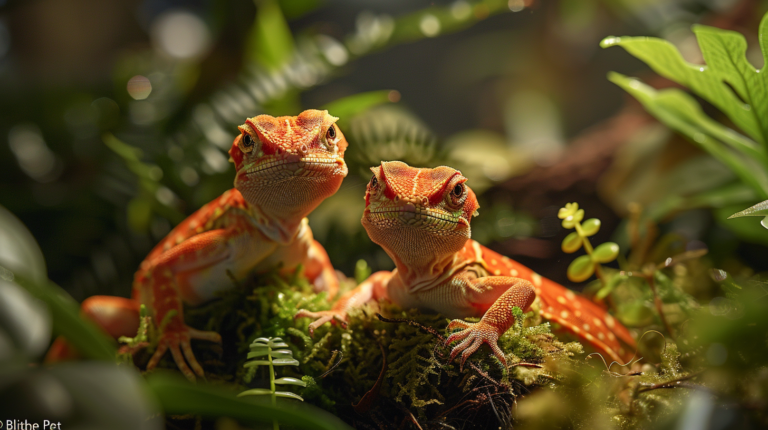 Male and female Green Anole lizards comparison showing clear gender differences, with male displaying red dewlap and larger size next to smaller female in terrarium habitat