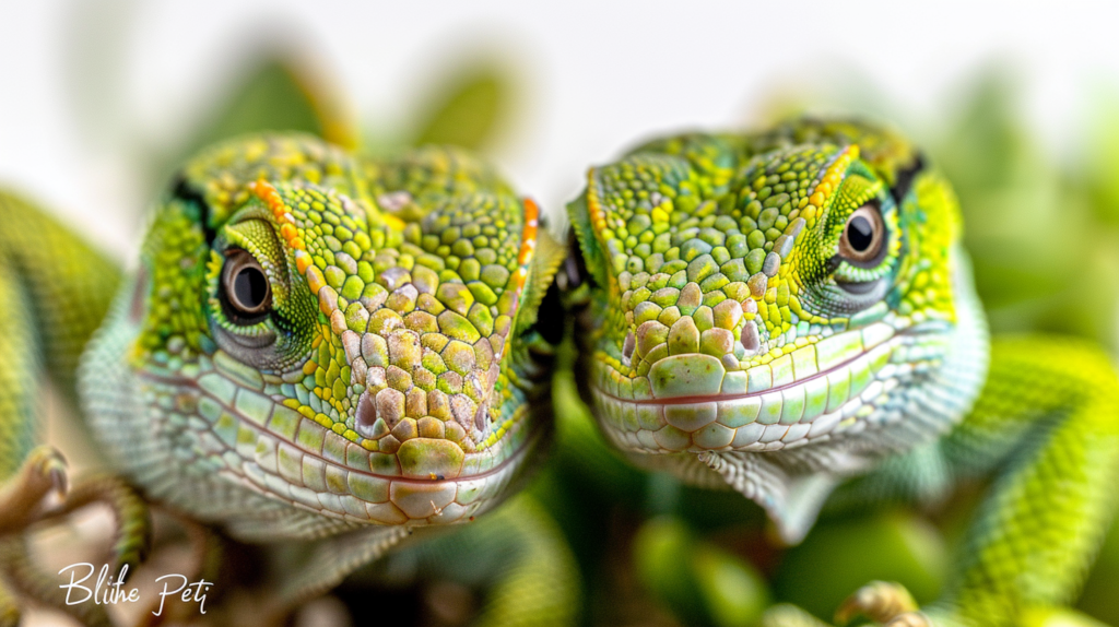 Male and female Green Anole lizards comparison showing clear gender differences, with male displaying red dewlap and larger size next to smaller female in terrarium habitat