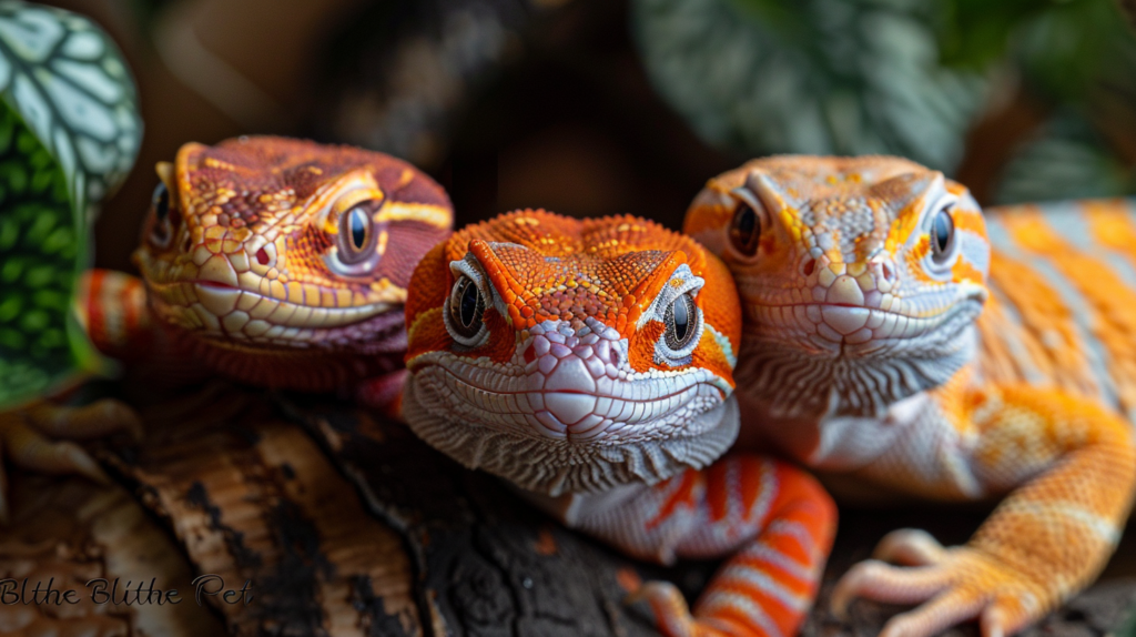 Side-by-side Red Ackie Monitor color morph comparison showing detailed pattern variations and breeding characteristics
