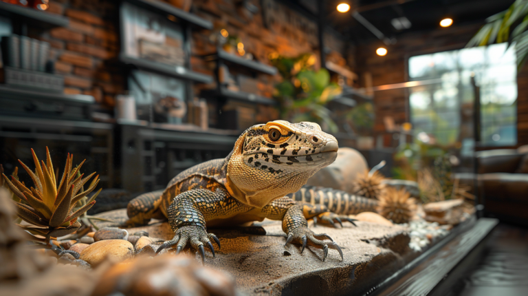 Savannah Monitor in large professional terrarium setup demonstrating essential care requirements and proper housing