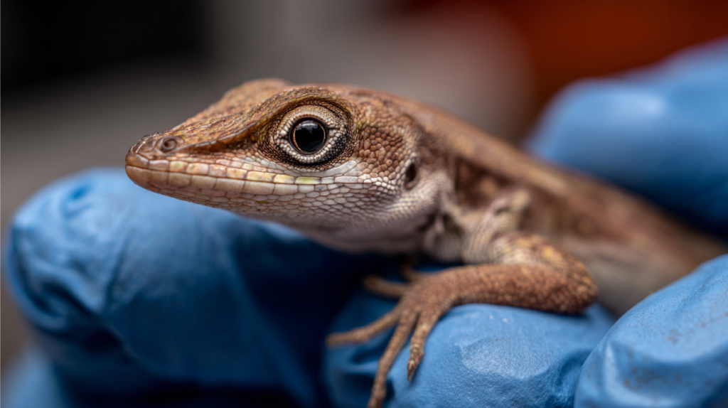 Sick green anole displaying brown coloration and illness symptoms requiring veterinary attention for proper reptile health care