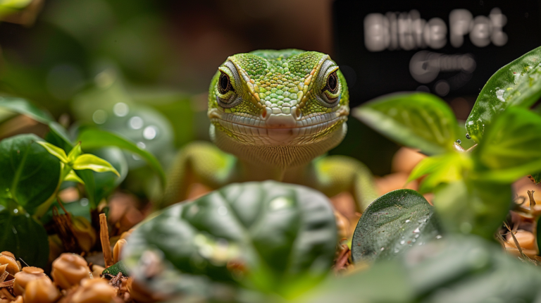 Green Anole feeding time showing variety of appropriate insects and foods in clean terrarium setup
